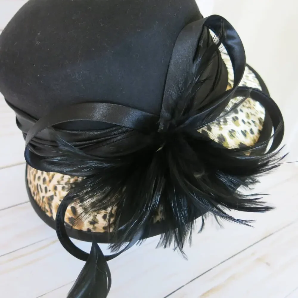 FINE MILLINERY Collection August Wool Hat  Feathers Black/Leopard Print Mob Wife